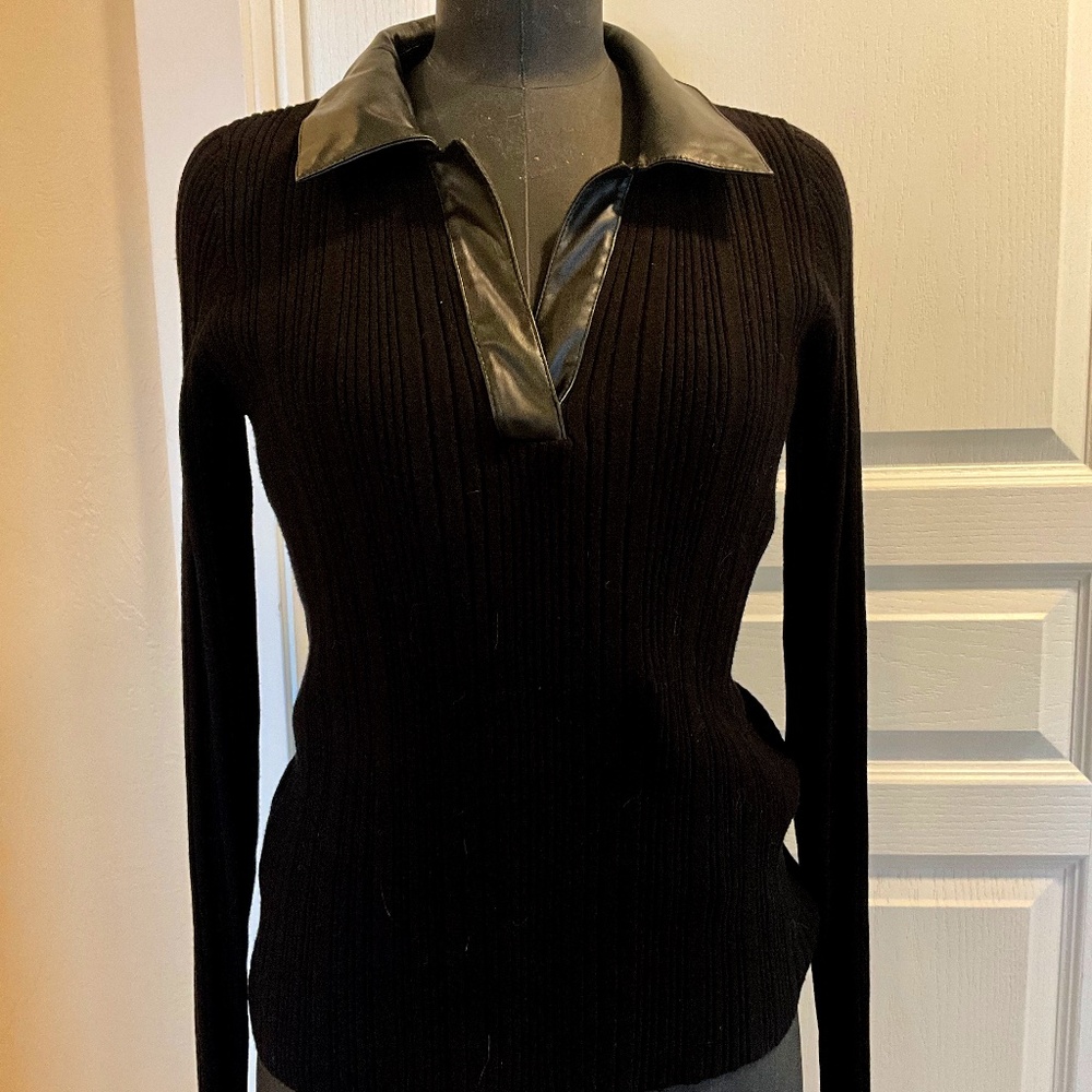 White House Black Market Black Sweater,Faux Leather trimmed collar, Size S